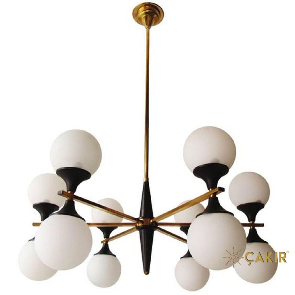 BN 6 Kollu Süt 12 Lambalı Modern Avize - Siyah-Altın